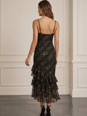 Fourteenth Place Black Gold Metallic Lace Ruffle Midi Dress Size M NWT